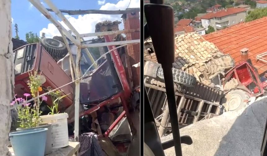 BELEDİYENİN TRAKTÖRÜ BAHÇEYE UÇTU